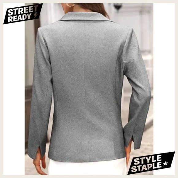 Slim Fit Herringbone Tweed Blazer with Flap Pockets for Business Casual - Picture 2 of 7